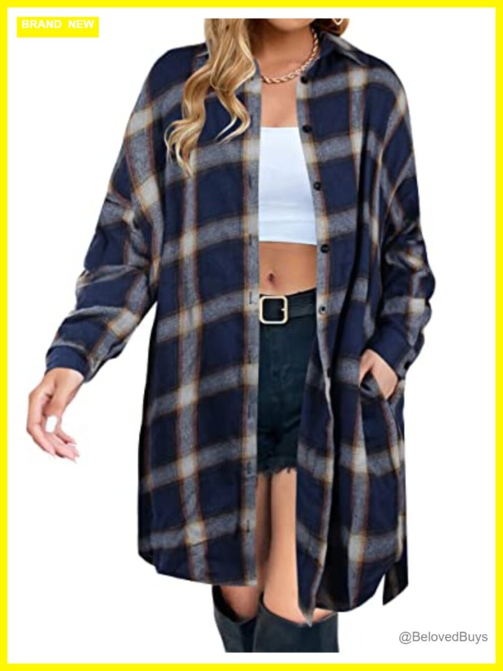 Womens Plaid Flannel Shirt Long Sleeve Button Down Tunic Midi